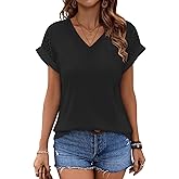 Bliwov Womens Summer Tops V Neck Lace Short Sleeve T Shirts Dressy Casual Business Outfits 2026 Spring Fashion Tee Clothes