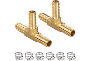 JUWO 3/8" Hose Tee Barb, Brass Hose Barb Fittings, 3 Way Union Intersection Adapter for Air, Water, Fuel Line, 6 Stainless Steel Clamps Included, Heavy-Duty and Leak-Free, NSF & UPC Certified, 2 Pack
