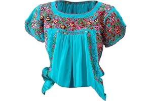 Women's Mexican Embroidered Top – Summer Short Sleeve Pleated Peasant Blouse, Casual Loose Crew Neck Boho Shirt
