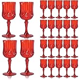 CHLJAR 24 Pcs 7 Oz Plastic Goblets for Parties, Red Plastic Wine Glasses Vintage Champagne Whiskey Crystal Water Goblets for Home, Office, Bars, Wedding, Ribbed (24, Red)