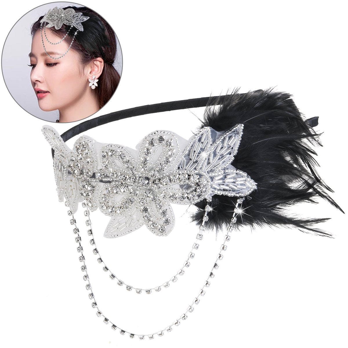 FENICAL Retro Feather Headpiece Flapper Chain Flower Hairband Great Gatsby Headband 1920s for Fancy Dress Party Dress-up Accessories