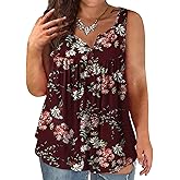 VISLILY Womens-Plus-Size-Tank-Tops Summer Sleeveless Henley Shirts Buttons Up Tunics Flowy Pleated Blouses