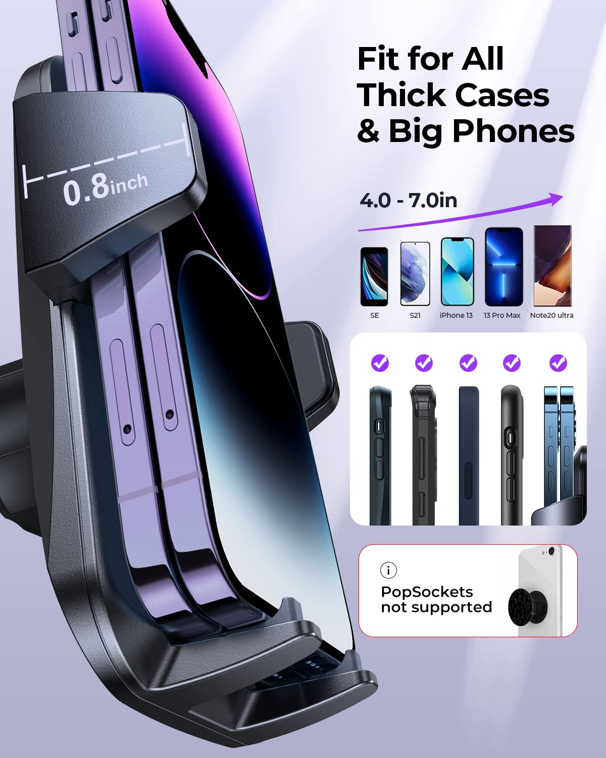 TOLLEFE Car Phone Holder, [Thick Cases Friendly] Car Phone Holder Mount, Hands-Free Phone Mount for Car Fit for iPhone for Samsung and Smartphone