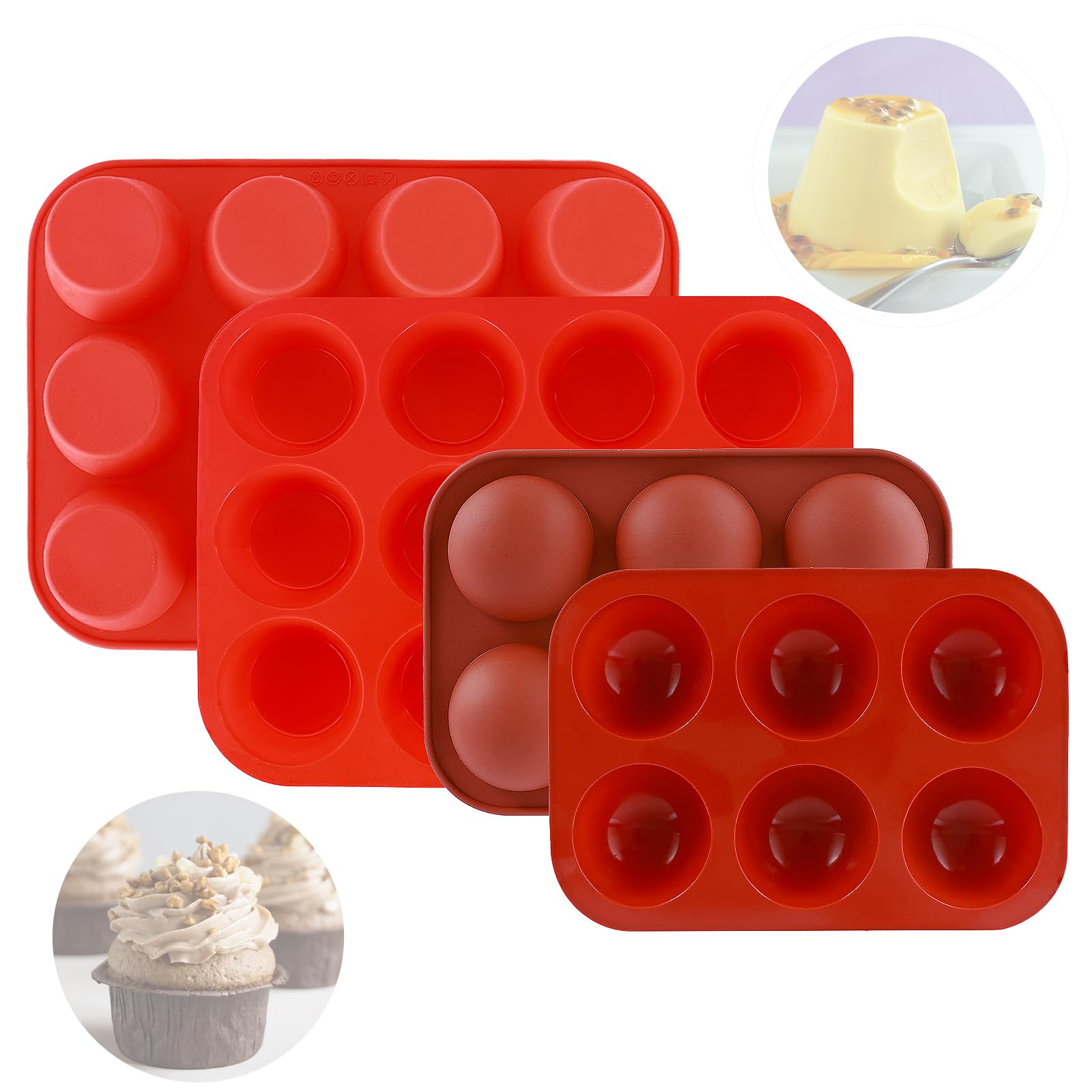 4Pcs Cake Silicone Moulds Set, 2 x 12 Cups Silicone Muffin Trays Deep and Jumbo, 2 x 6 Cups Yorkshire Pudding Tray Semicircle, Non Stick Baking Trays Silicone Cake Moulds for Baking for Cupcakes
