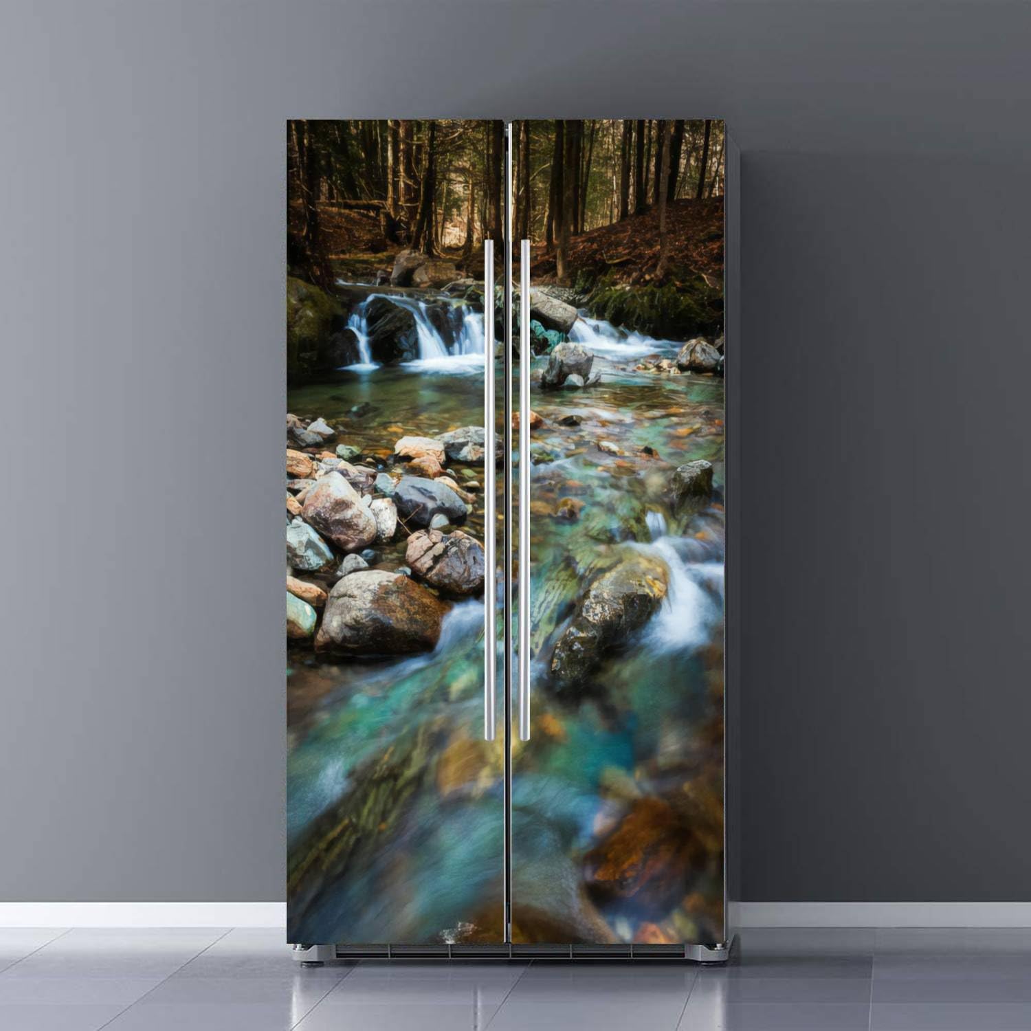 Photo 1 of Self Adhesive Vinyl Refrigerator Wrap Set Mountain Stream Spring Door Mural Removable Fridge Sticker Peel and Stick Full Door Cover Decal Nature Landscape Kitchen Decor