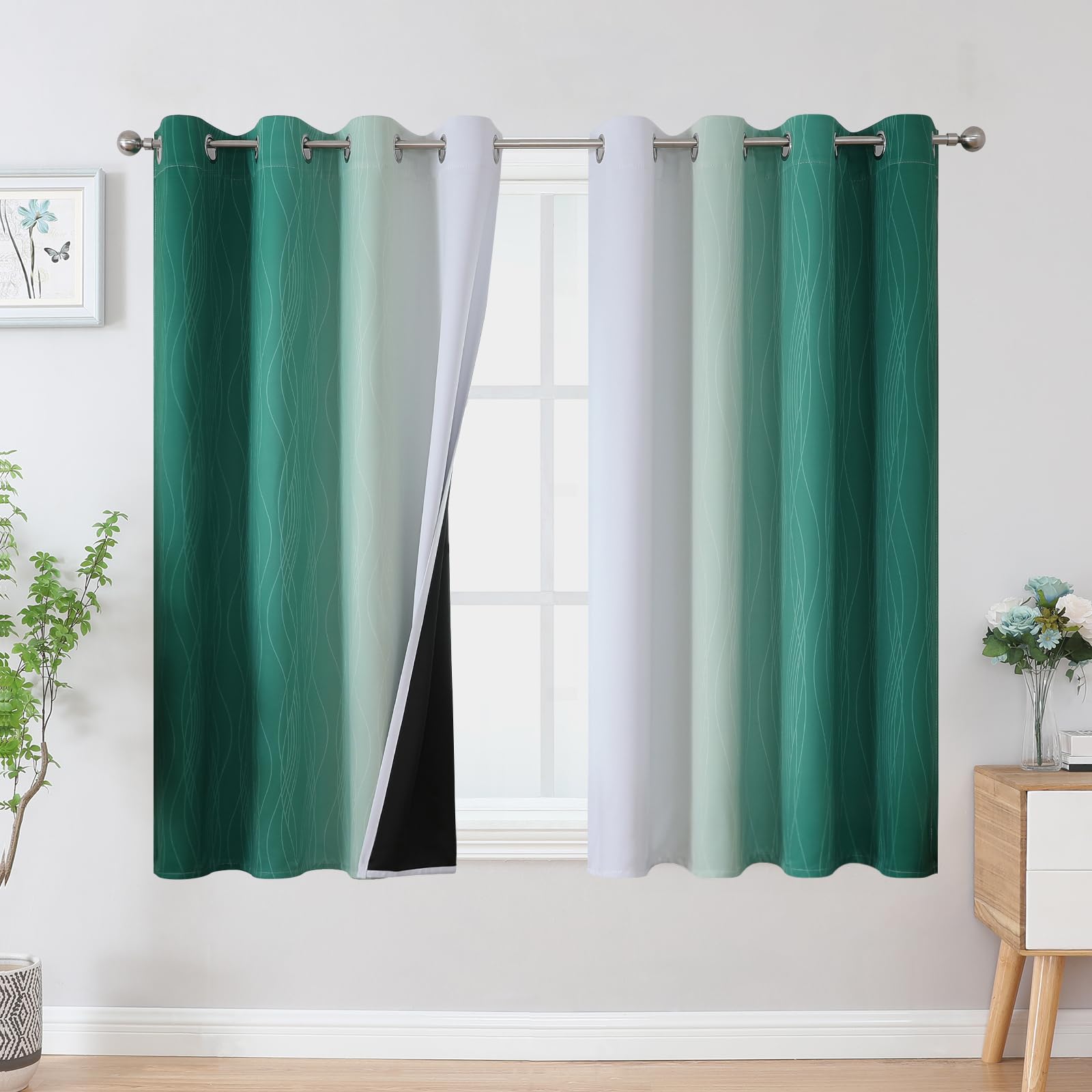 VEHEDE Blackout Wave Curtains for Living Room, Noise Reducing Eyelet Gradient Drapes for Bedroom, Ombre Energy Saving Short Curtains for Kitchen, W52 x L54 Inch, Dark Green and Greyish White, 2 Panels