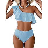 Aidonger Women's High Waisted Bikini Sets One Shoulder Ruffle Two Piece Swimsuit Tummy Control Bathing Suit