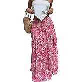 ZAFUL Women’s Summer Boho Maxi Skirts Bohemian Print Smocked High Wasited Flowy Tiered Ruffle Long Beach Skirt