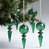 6PCS 6-Inch Hand-Blown Glass Finial Christmas Tree Hanging Ornaments -Large Elegant Clear Glass Vintage Holiday Decorations for Tree, Mantel, Party - Luxury Handmade Seasonal Décor(Green)