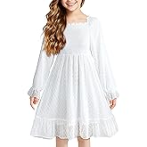 Cubear Girls Long Sleeve Dress Kids Ruffle Tiered Dress Swiss Dot A-Line Christmas Fall Winter Dress 6-15 Years