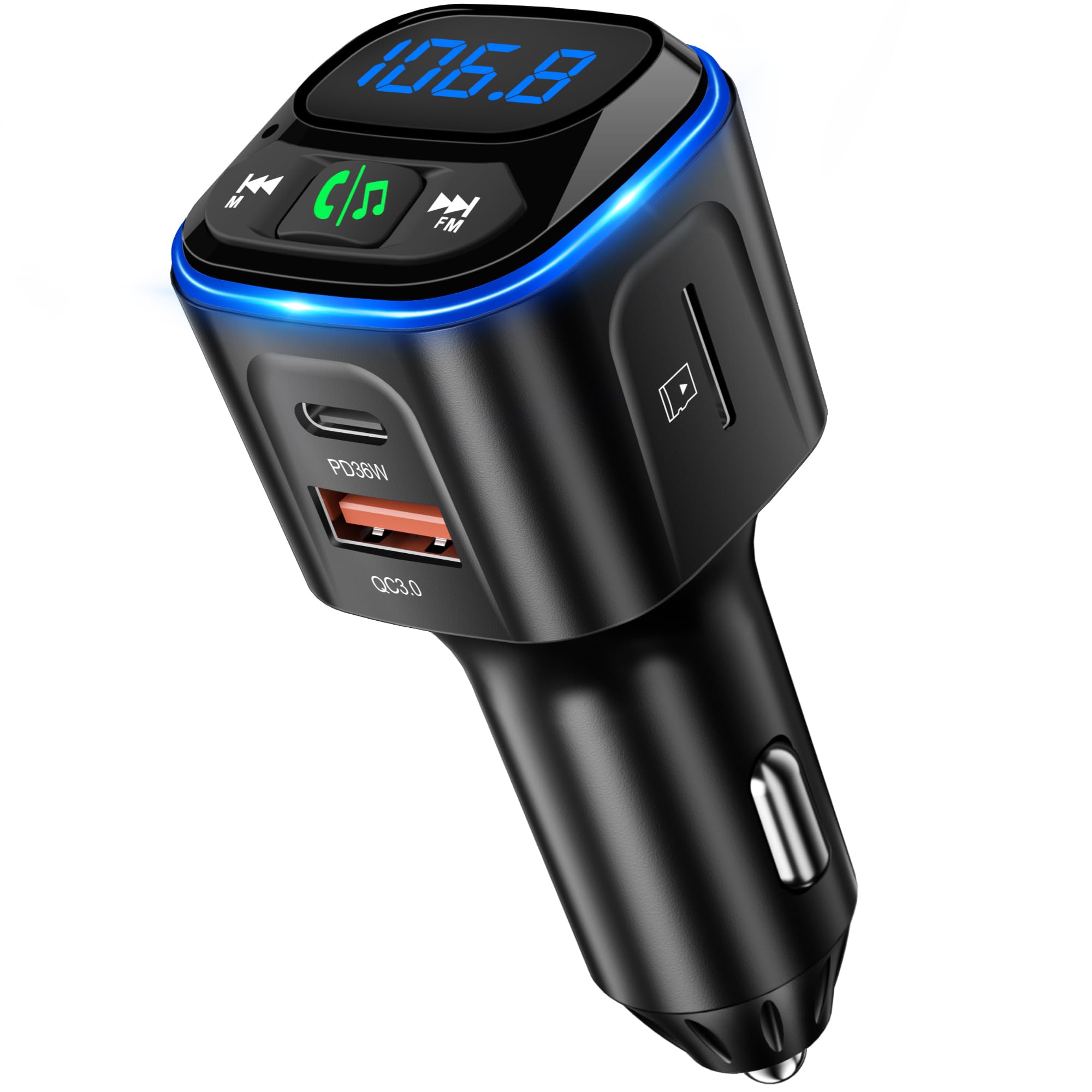 Photo 1 of SONRU Bluetooth 5.3 FM Transmitter Car Adapter [PD36W & QC18W] [Fast Charging] Wireless Radio Adapter HiFi Bass Sound Hands-Free Calling LED Display with Light Switch Support Bluetooth/U Disk/TF Card