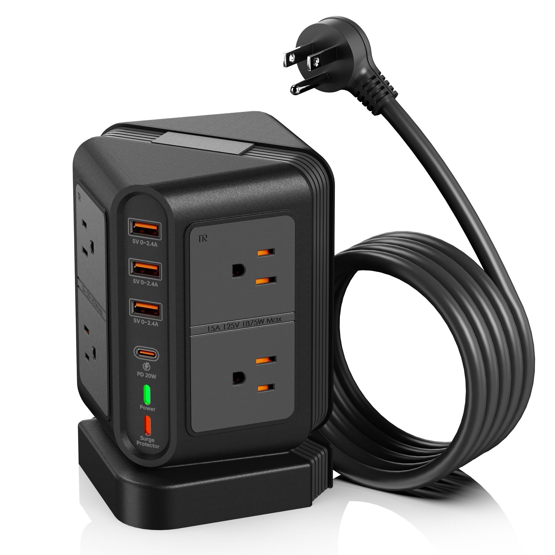 Photo 1 of Multi Outlets Tower Power Strips with 6.5Ft Extension Cord,Surge Protection Tower for Tabletop Charging Station,8 AC/4 USB Ports(1x PD20 W USB-C),1875W/15A Power Supplies for Home Office Dorm (Black)