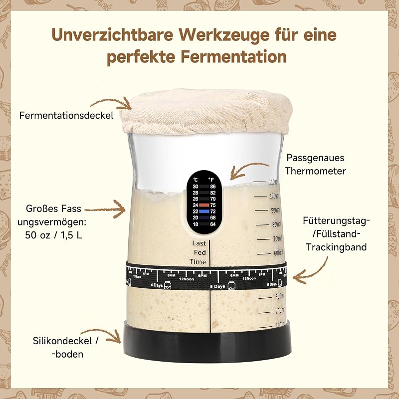 Pro - Set de iniciación de masa madre de 1,5 l de cristal grande con 17 recetas, accesorio para iniciar masa madre para hornear pan y fermentación (2 unidades) — foto 4 de 8