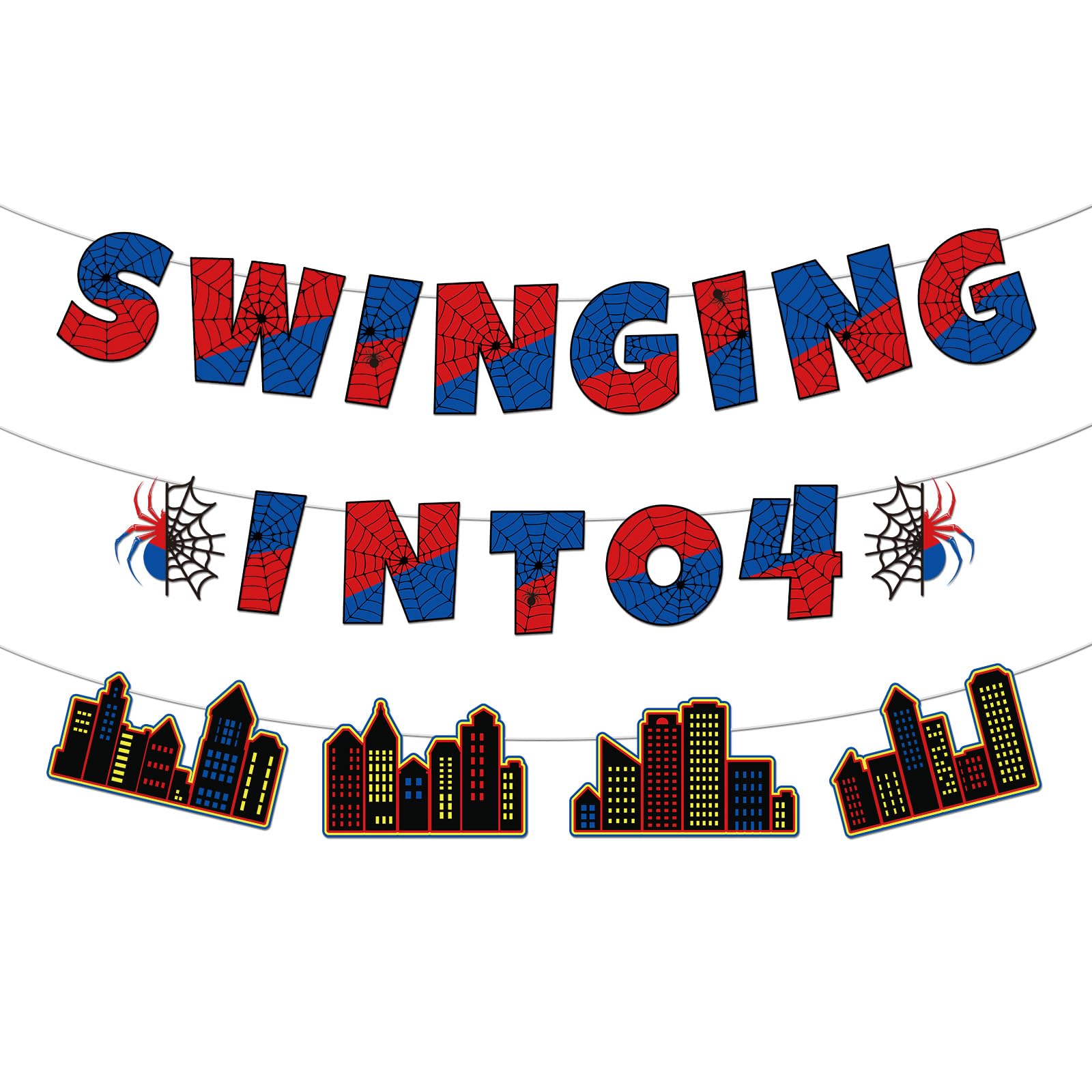 Spider Theme 4th Birthday Banner, Pre-Strung Swinging Into 4 Hanging Decor Spider Web Design Party Banner for Girls Boys Birthday Party Decoration Supplies