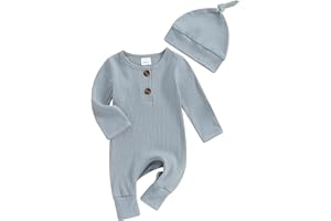 MA&BABY Infant Boys Girls Clothes Set Newborn Baby Romper Hat Ribbed Knit Long Sleeve Button Solid Bodysuit Jumpsuit