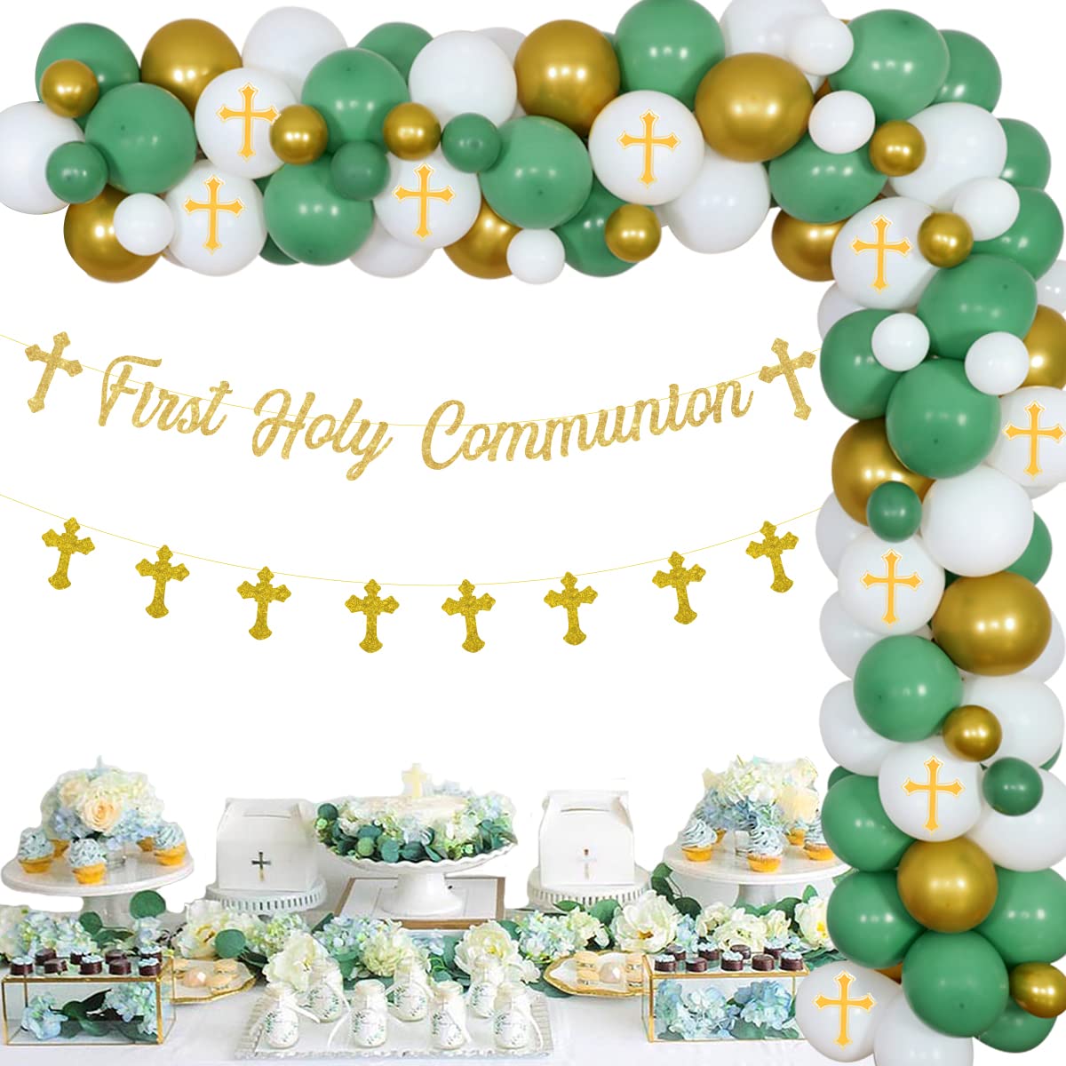 Baptism Decorations Green Gold, First Holy Communion Decorations with Sage Green and Gold Balloon Garland Kit Cross Balloons Banner for First Communion Confirmation Decor