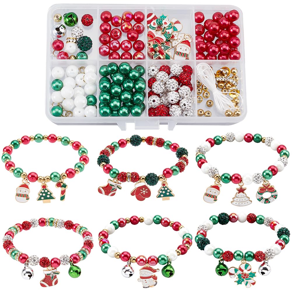 SUNNYCLUE 1 Box 6 Sets Christmas Bracelet Kits Christmas Enamel Charms Xmas Tree Sock Candy Cane Snowman Charm Red And Green Beads for Jewellery Making Kits Beginners Adults Women DIY Gift Supplies