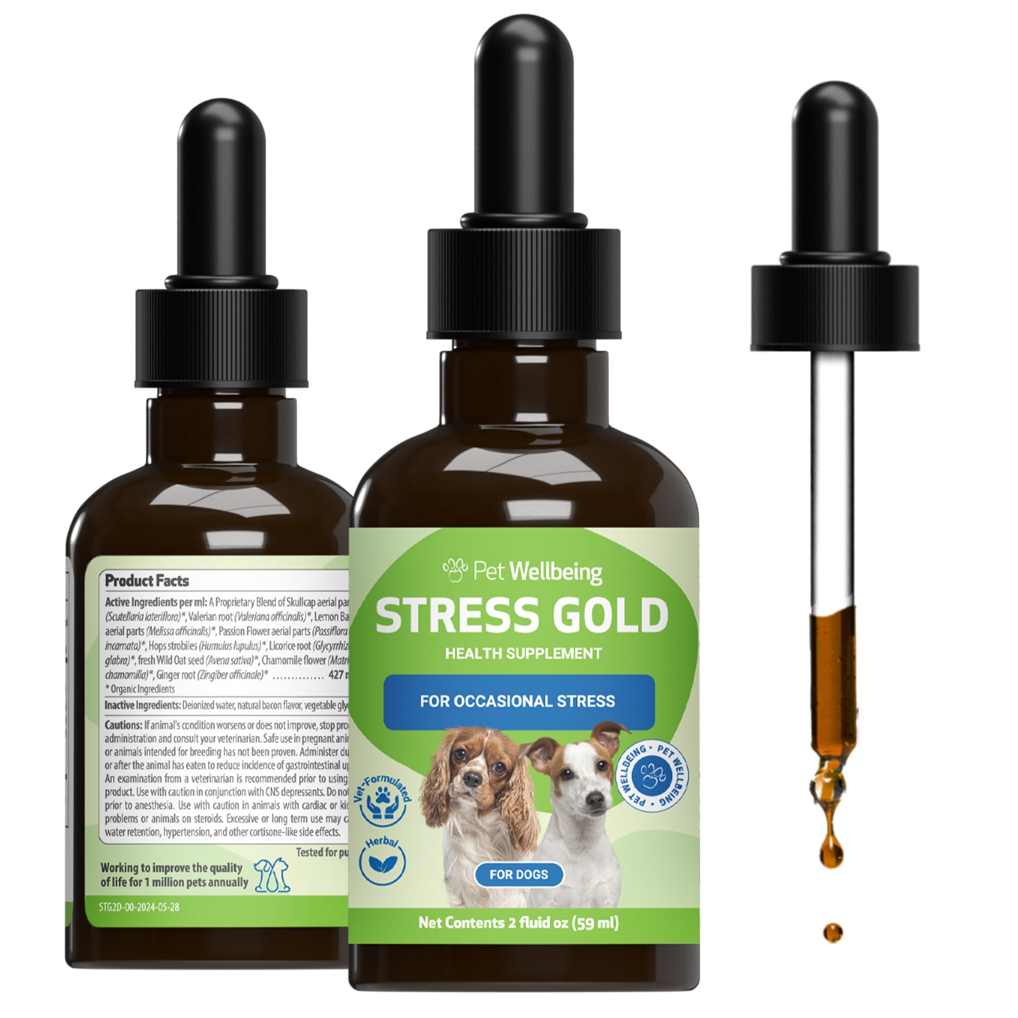 Pet Wellbeing Stress Gold for Dogs - Occasional High Stress and Restlessness, Supports Relaxation, Travel, Vet Trips, Skullcap, Valerian - Veterinarian-Formulated Herbal Supplement 2 oz (59 ml)