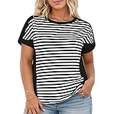 VISLILY Womens-Plus-Size-Summer-Tops Casual Striped Color Block T Shirts Crewneck Short Sleeve Workout Tees Loose Blouses
