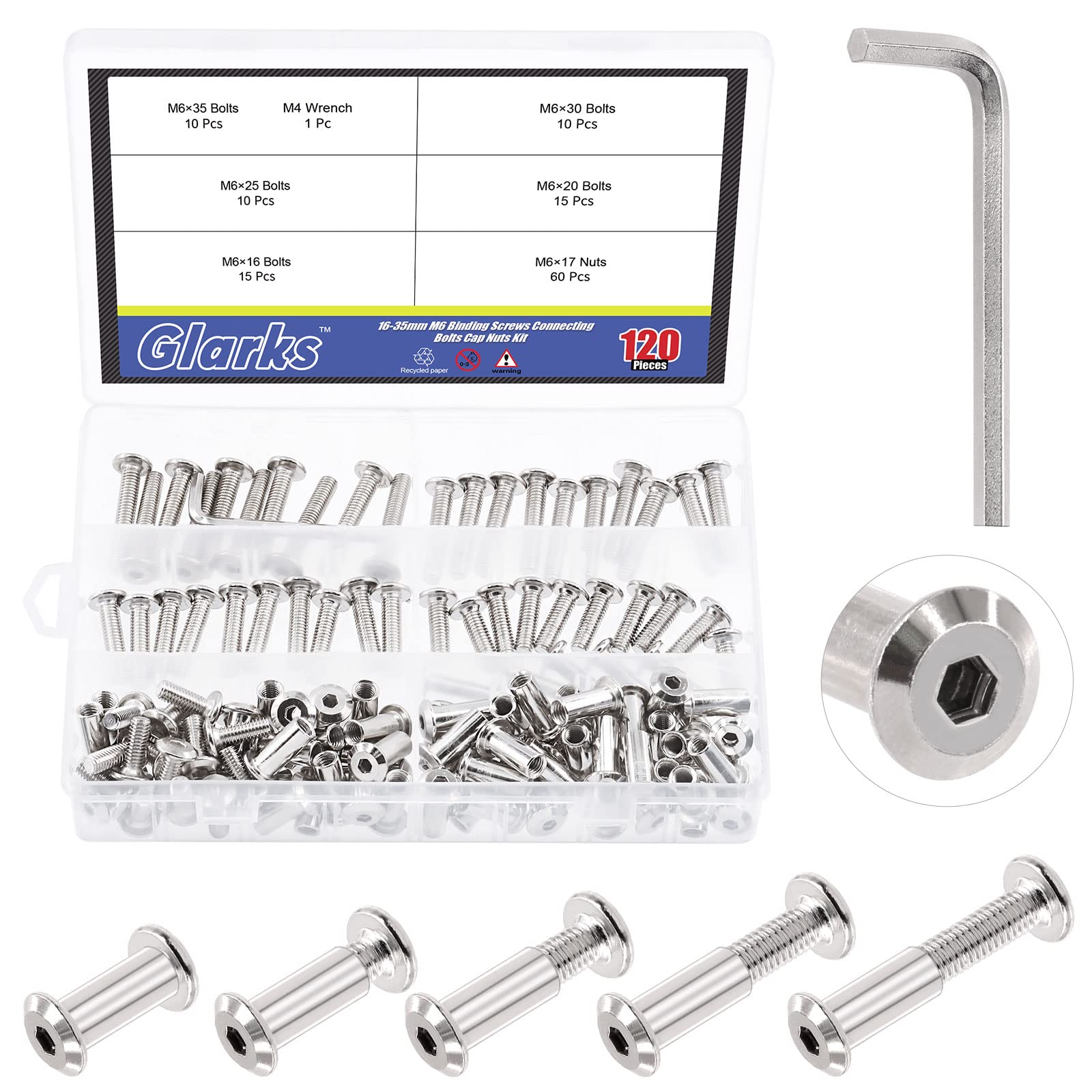 Glarks 121Pcs M6 x 16/20/ 25/30/ 35mm Hex Drive Socket Head Cap Bolts Screws Kit, Nickel Plated Allen Head Countsunk Furniture Crib Bolts Nuts Screws for Chair Table Cabinets