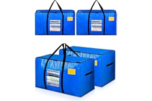 AdeaBag Extra Large Moving Bags, 4 Pack Heavy Duty Storage Bags Boxes Bins Totes with Hnadles Zippers Visible Window for Clothes College Dorm Travel, Blue