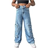 WDIRARA Girl's Baggy Cargo Jeans High Waisted Straight Leg Denim Pants with Flap Pockets