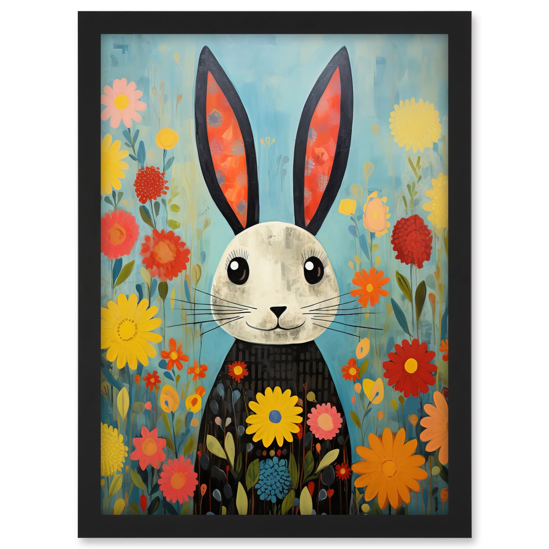 Artery8 Funny Bunny Illustration Modern Floral Rabbit Animal Artwork for Kids Bedroom or Baby Nursery Artwork Framed A3 Wall Art Print