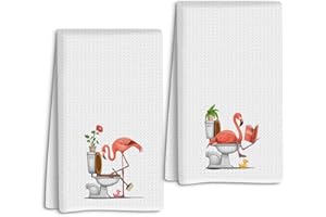 Funny Flamingo Hand Towels for Bathroom Set of 2, Hot Pink Flamingo Absorbent Decorative Waffle Weave Bath Towel Kitchen Dish