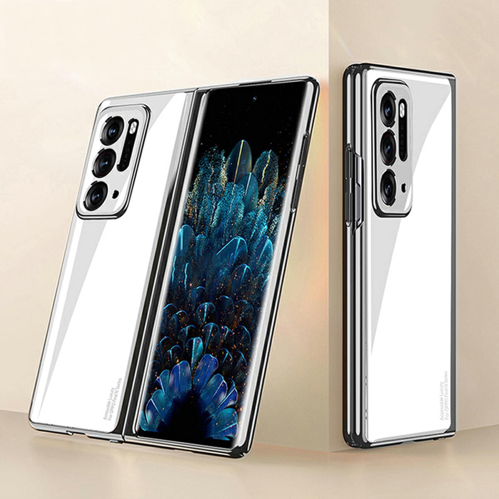 COQUE OPPO Find N Case,Ultra Slim 9H Glass Shiny Painted Mobile Phone Shell,Folding Phone Cover for OPPO Find N-White Silver