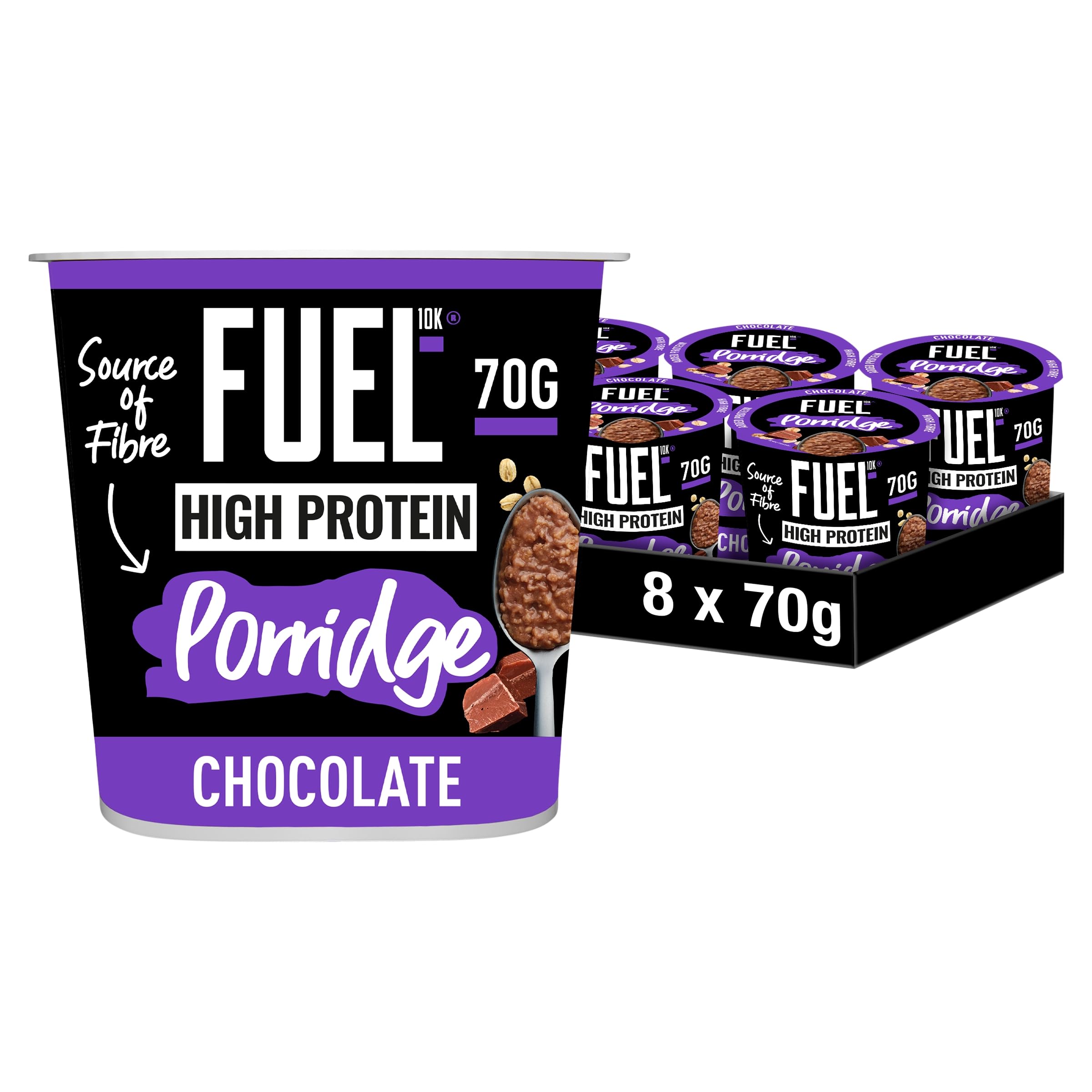 FUEL10K Porridge Pots, Chocolate - 8x70g - High Protein On The Go Breakfast