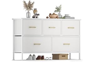 YILQQPER Dresser for Bedroom with 5 Drawers, White Dresser for Closet, Living Room, TV Stand, Nursery, Chest of Drawers with Sturdy Steel Frame, Leather Finish, Wood Top (Glacier White)