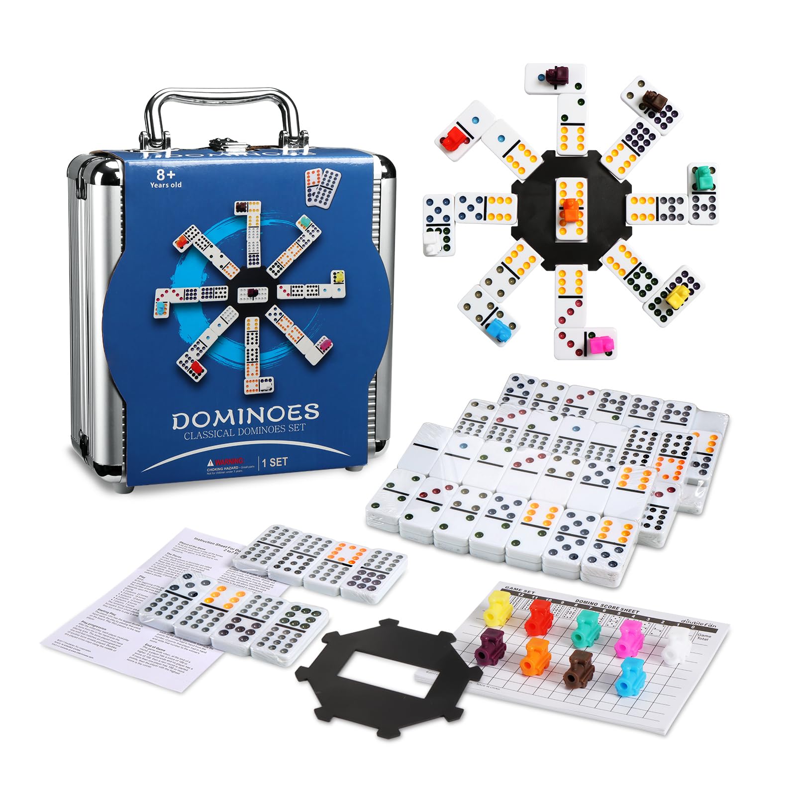 Dominoes set for adults, Double 12 Mexican train dominoes game with Colorful Dot, Classical Dominoes set with Aluminum Case,1 Domino Hub,9 Colorful train, 91 Domino Tiles, (2-8 players) — image 1