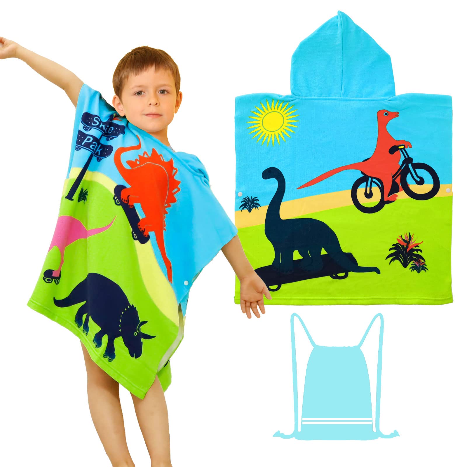 FILOWA Beach Towel for Kids,Dinosaur Bath Towel Hooded Poncho Swimming Pool Surfing Towels Microfibre Soft Absorbent Wearable Bathrobe with Drawstring Bag for Boys Childs 2-6 Years