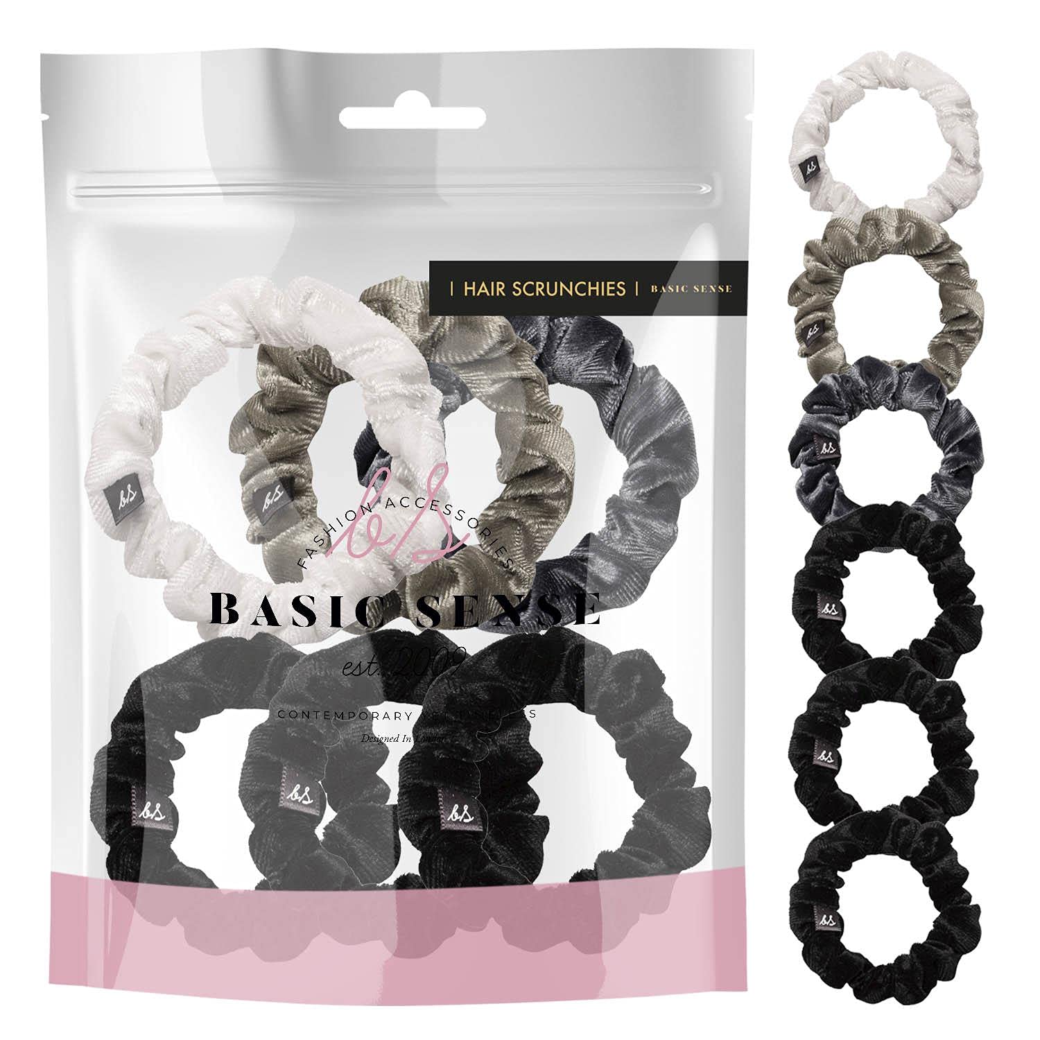 Basic Sense Velvet Skinny Scrunchie, Durable Small Hair Ties, Elastic Scrunchies, Ponytail Holder, Scrunchy for Women Girls, Black & Silver Assortment