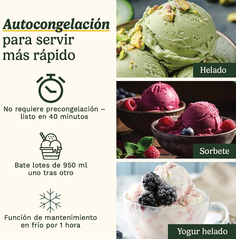FreezeEase – Máquina Automática de Gelados; 3 Programas: Gelado, Sorvete, Iogurte; Sem pré-congelação; Pronto em 40 minutos; Função de retenção a frio, compressor de 950ml (Novo)