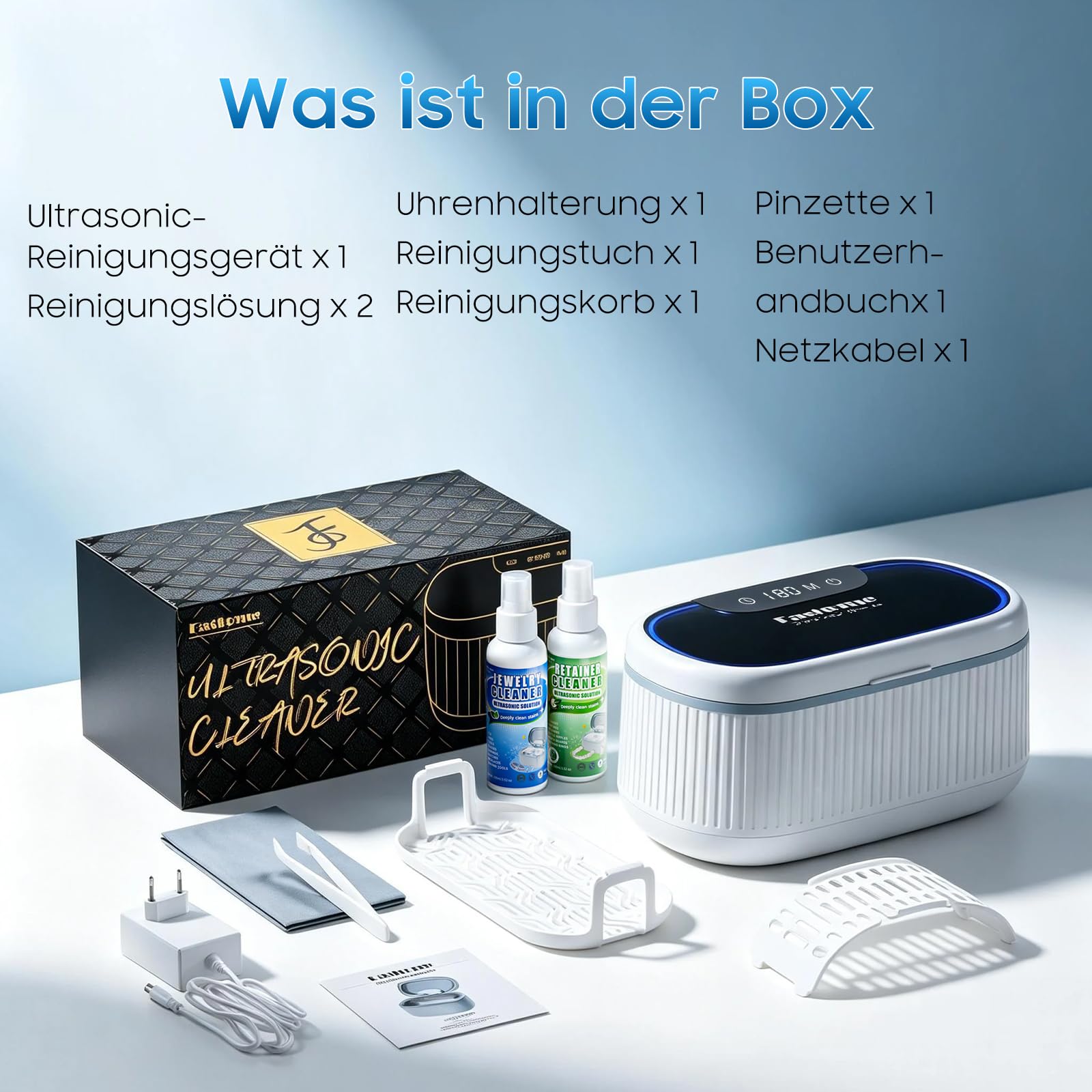 Fashome Ultraschallreiniger mit 2×100 ml Reinigungsflüssigkeit, 45 kHz 3 Modi, 550 ml Edelstahltank, für Schmuck, Brillen, Uhren & Zahnersatz, Reinigungskorb & Uhrenhalterung – mit Geschenkbox 8