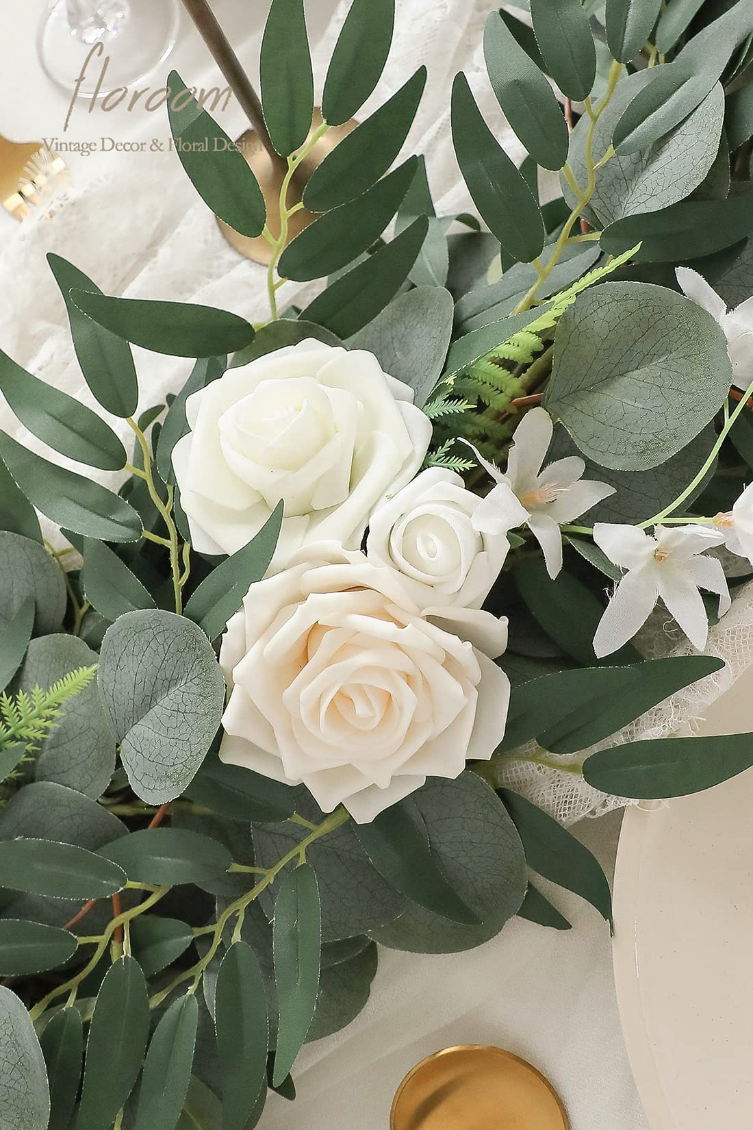 Floroom 6ft Artificial Eucalyptus Garland with Flowers Fake Greenery Faux Floral Vine Garland for Table Decor Wedding Centerpieces Bridal Shower Party Decorations, Ivory White