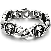 Klapgo Stainless Steel Gothic Skull Bracelet for Men and Women Rock Biker Skull Linked Chunky Chain Bangle with Lobster Clasps Polished Gift for Him