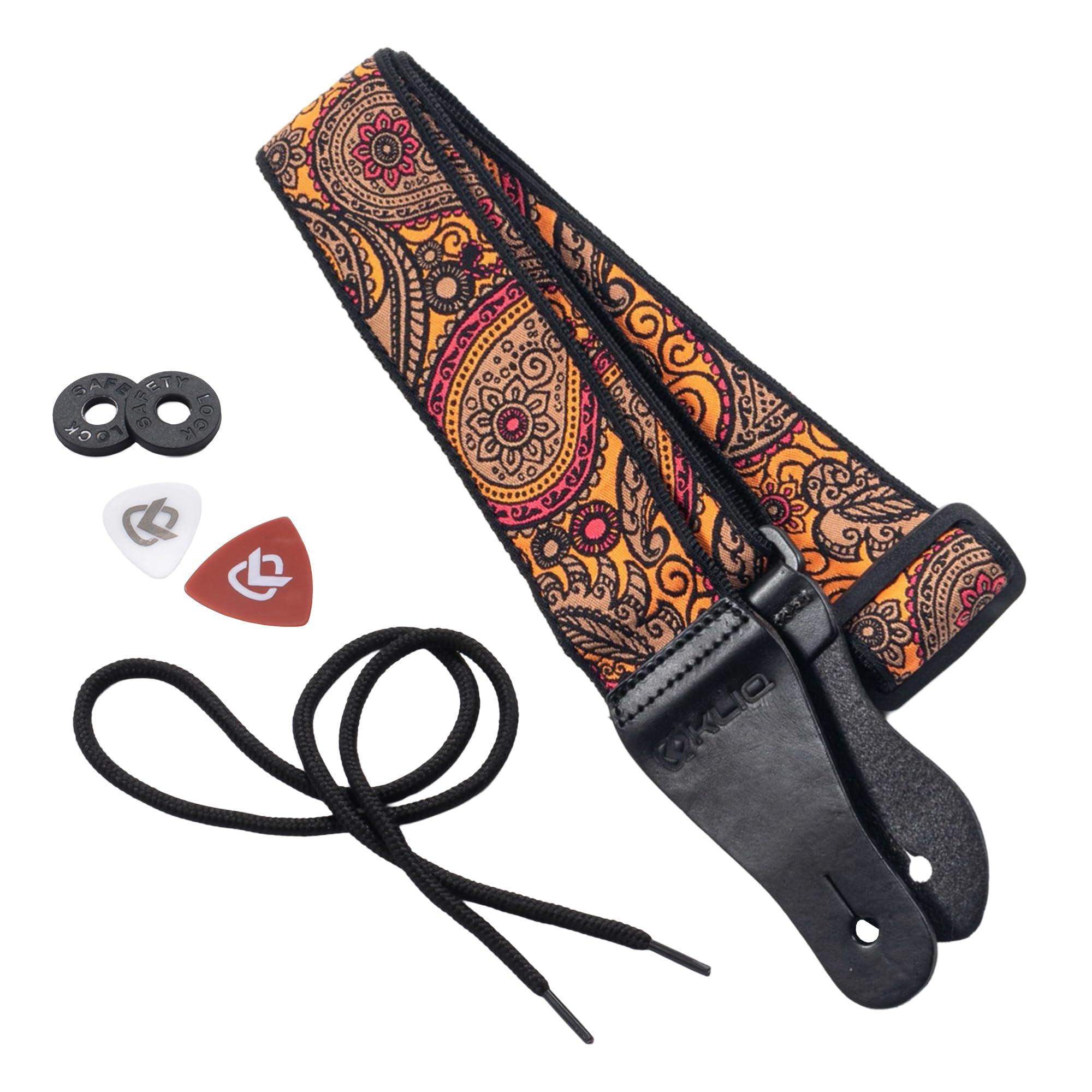 KLIQ Vintage Woven Guitar Strap for Acoustic and Electric Guitars + 2 Free Rubber Strap Locks, 2 Free Guitar Picks and 1 Free Lace | '60s Jacquard Weave Hootenanny Style | Orange & Tan Paisley