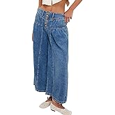 chouyatou Women's Boyfriend Baggy Jeans Flare Wide Leg Denim Pants Elastic Waist Button Pleated Culotte Jeans