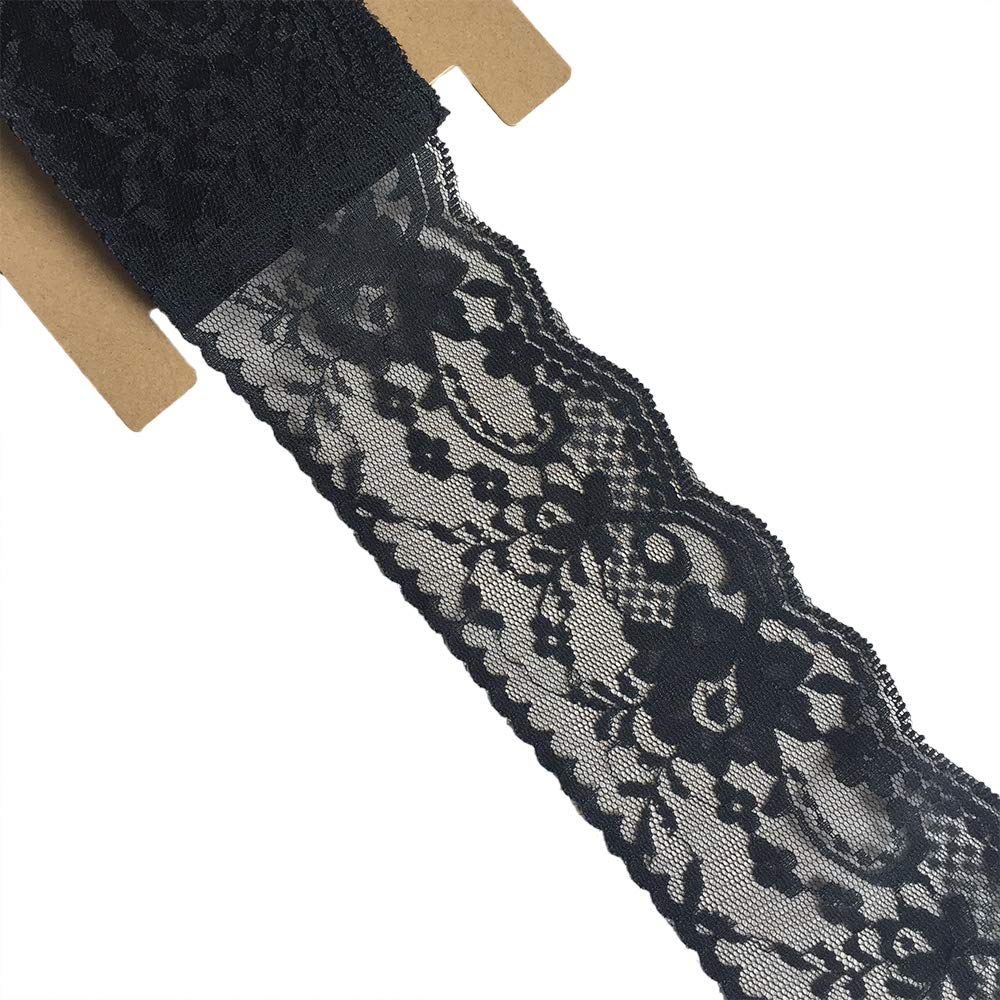 LACE REALM 3 inches Wide x 10 Yards Black Floral Pattern Trim Lace Ribbon for Decorating, Floral Designing and Crafts (6080 Black)