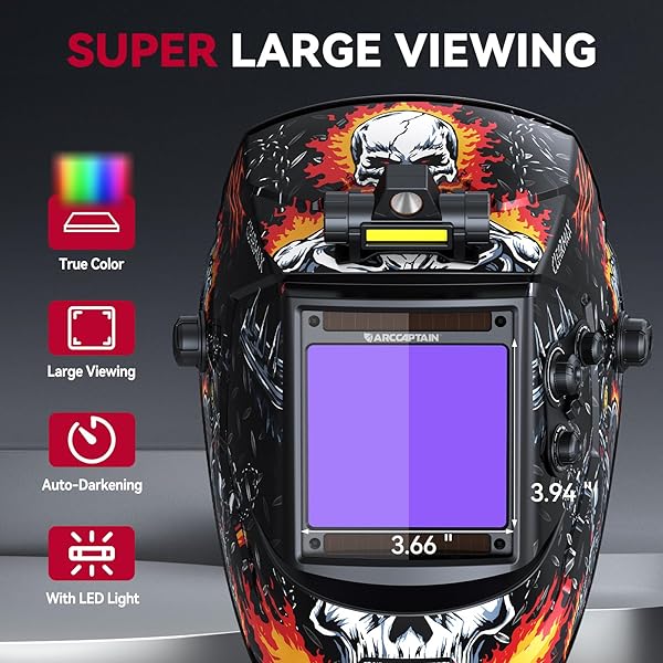 ARCCAPTAIN 3.94″ X 3.66″ AUTO DARKENING WELDING HELMET, SOLAR POWERED TRUE COLOR WELDING HOOD, 1/1/1/1 TOP OPTICAL CLARITY WELDER HELMET, 4 ARC SENSOR WIDE SHADE 4/5-9/9-13 FOR STICK MIG TIG CUT