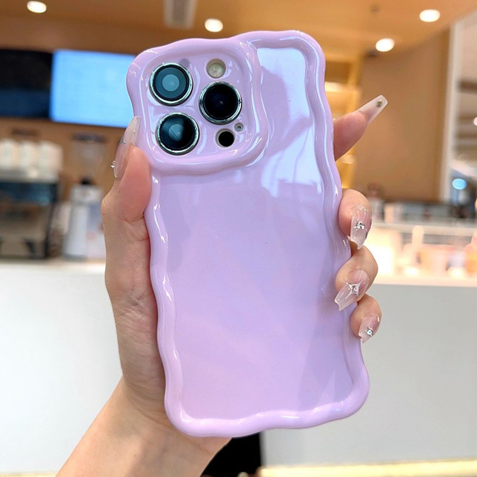 QLTYPRI for iPhone 15 Pro Max Case, Cute Curly Wave Frame Shockproof Phone Cover for Women Girls, Glossy Soft Silicone Aesthetic Phone Case for iPhone 15 Pro Max-Purple