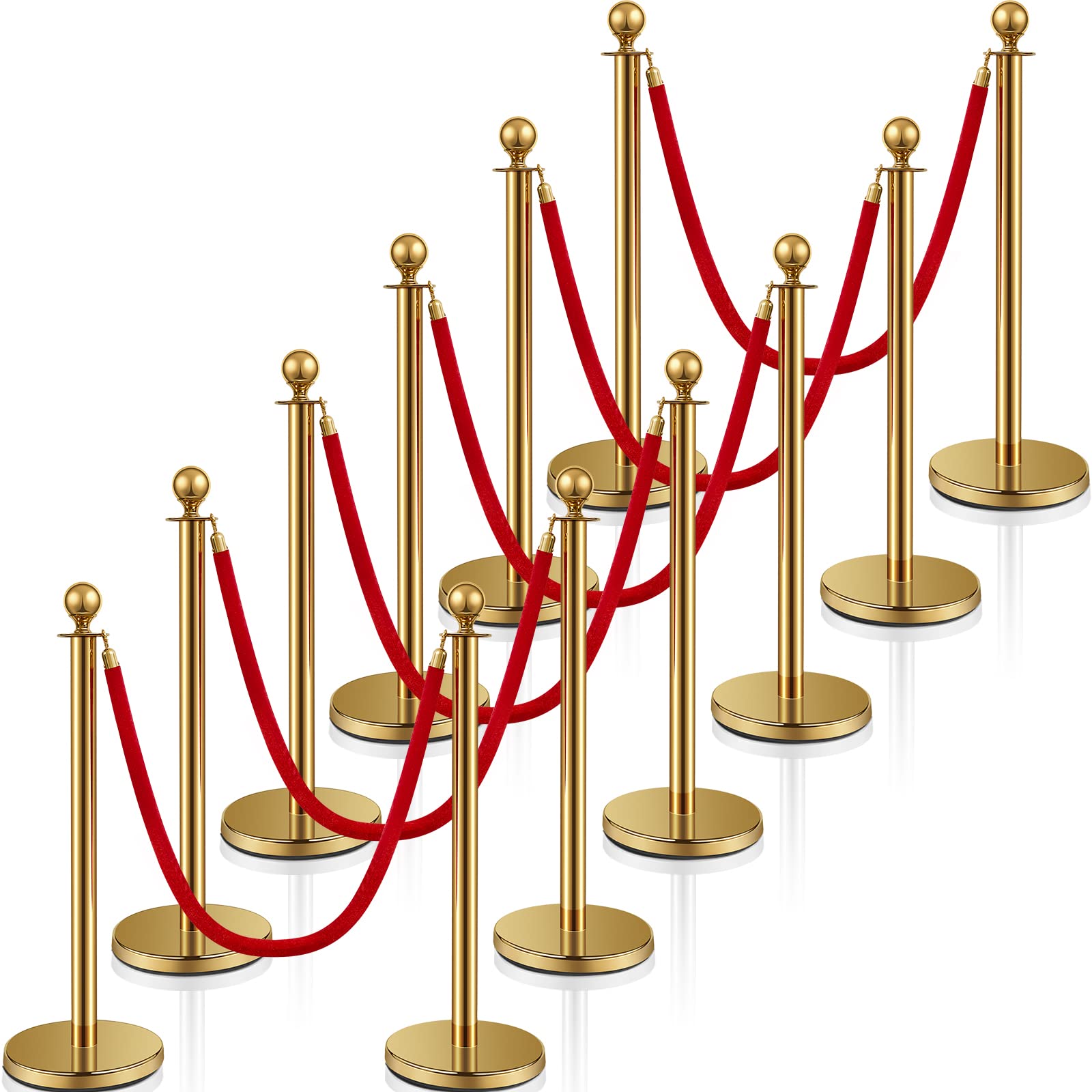 Photo 1 of Ferraycle 12 Pcs Stainless Steel Stanchions Post Queue 5 ft Carpet Ropes and Poles Crowd Control Barriers Sand Injection Hollow Base and Velvet Ropes Set for Party Supplies(Gold, Red)