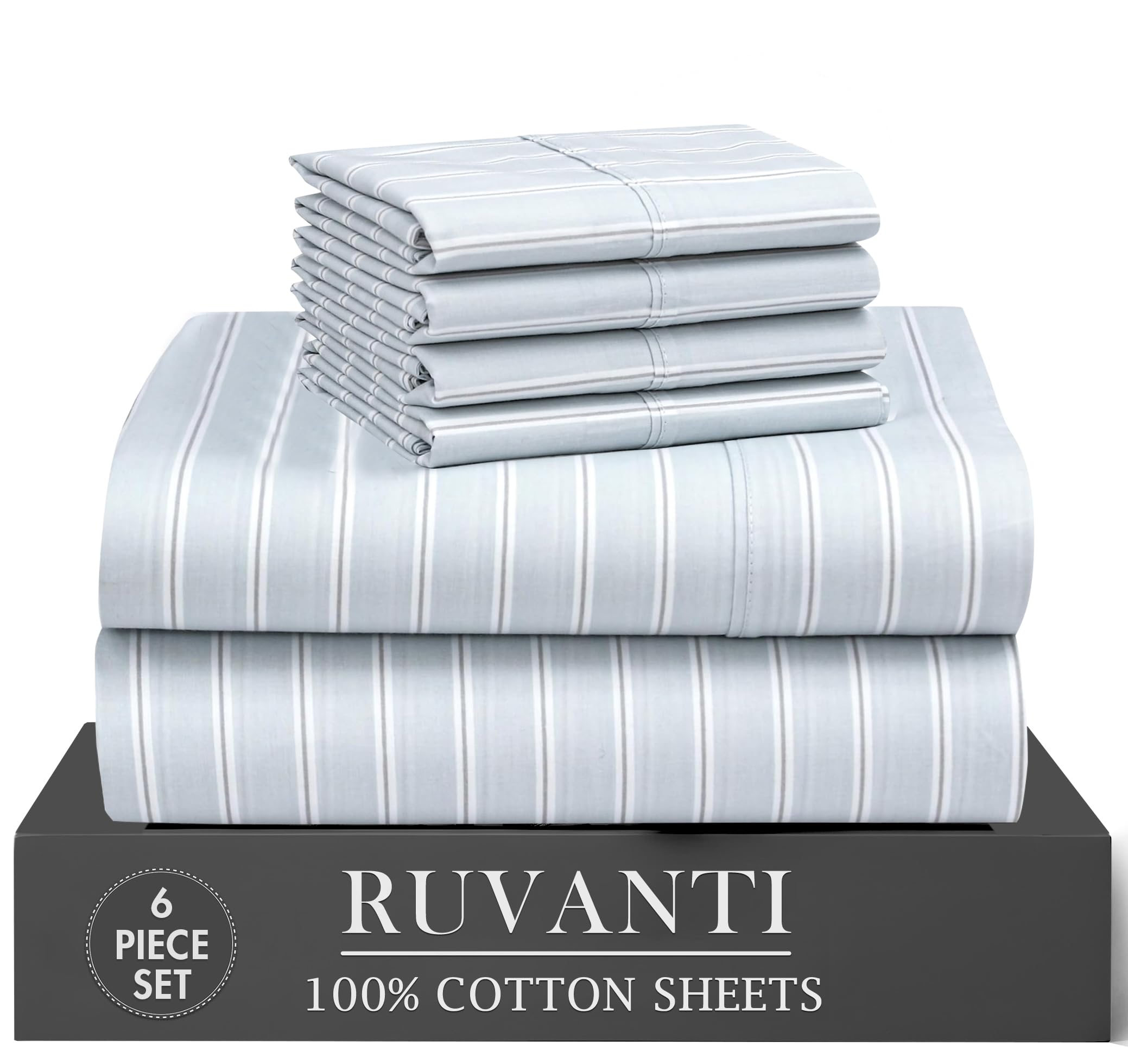 RUVANTI 6 Pcs Cotton Sheets - 100% Natural Cotton Soft, Lightweight & Breathable Crispy Percale Bed Sheets, King Size Sheets Set 16" Deep Pockets, Horizon Stripes
