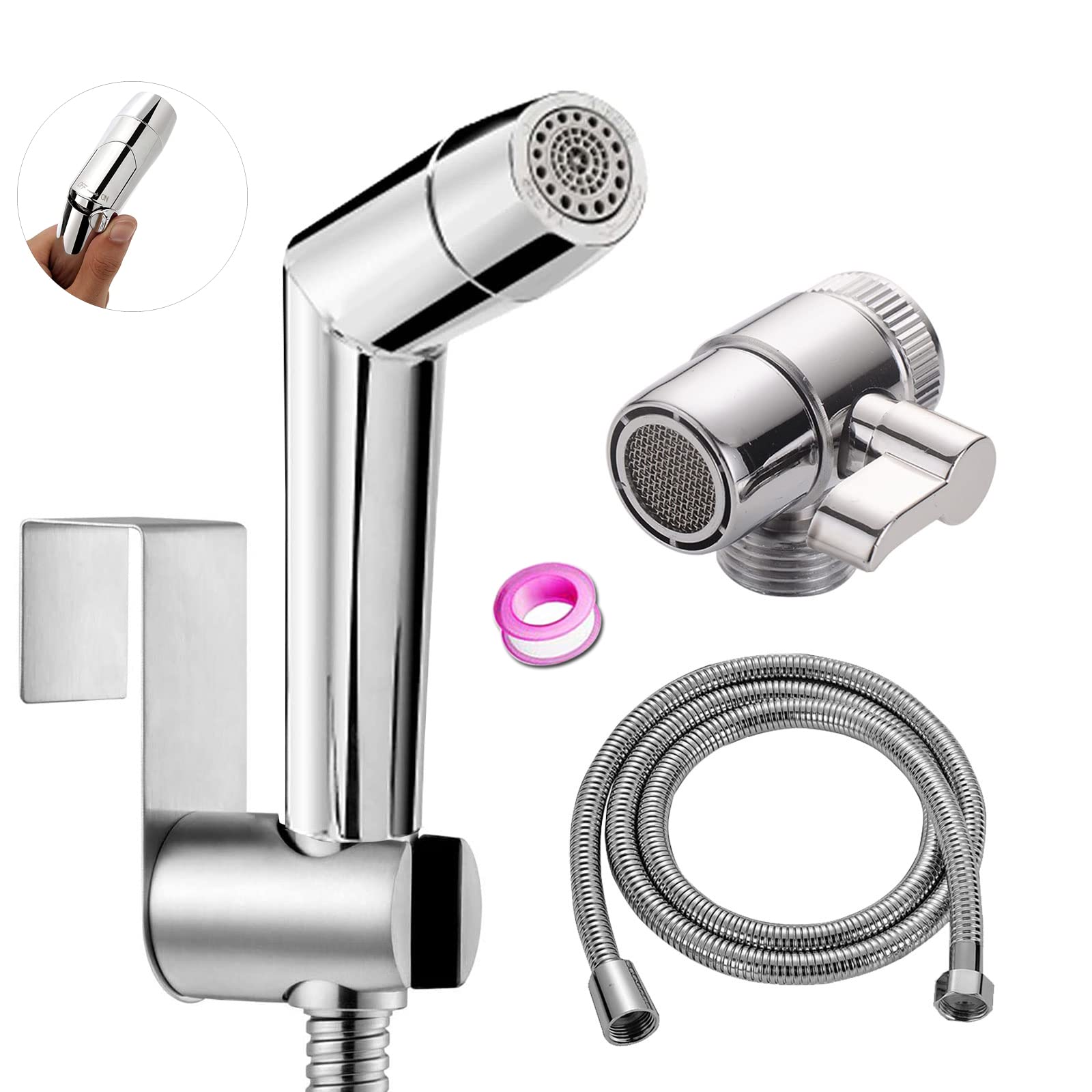 ABSOK Bidet Shower Kit - ABS Chrome 2 Modes Bidet Hand Shower for Bidet Toilet Shower with 2 Way Shower Diverter, 1.5m Shower Hose and Hand Shower Holder, Silver (t28)