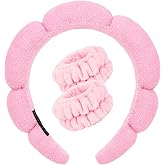 CAVETEE Pink Skincare Headband for Washing Face, Spa Headband and Wristband Set Sponge Bubble Skin Care Head band Soft Puffy Terry Cloth Hairband for Women, Makeup Headwear Hair Accessories