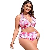 SOLY HUX Women's Plus Size Allover Print Halter High Waisted Bikini Set Bathing Suits 2 Piece Swimsuits