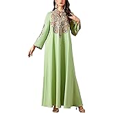 OBEEII Women Muslim Abayas Islamic Floral Embroidery Sequin Maxi Dress Ramadan Loose Morocco Dubai Robe Kaftan Prayer Dress
