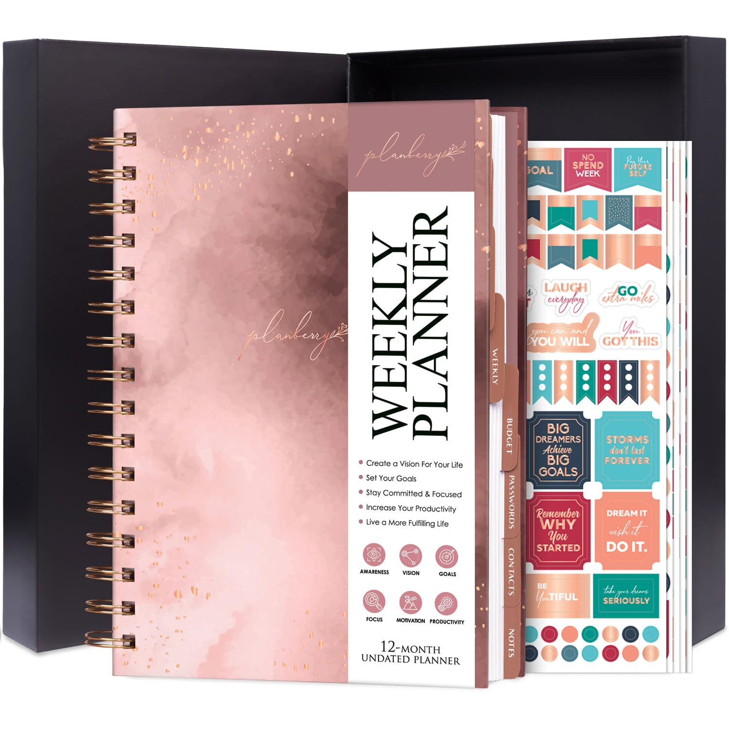 PLANBERRY Weekly Planner – Elegant Life & Budget Planner to Hit Your Goals & Live Happier – Organizer & Productivity Journal – 17.5 x 21.5cm Hardcover, Undated + Stickers (Rose Gold)